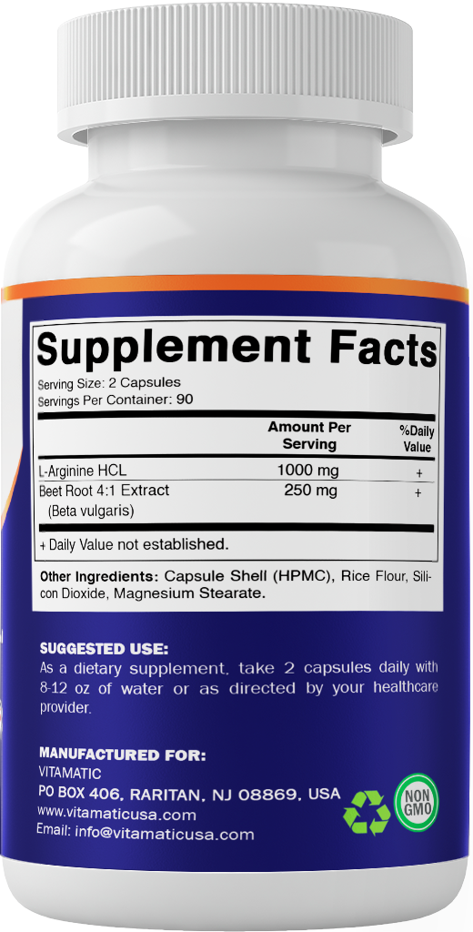 Vitamatic Beet Root + L-Arginine Capsules – 180 Veg Capsules