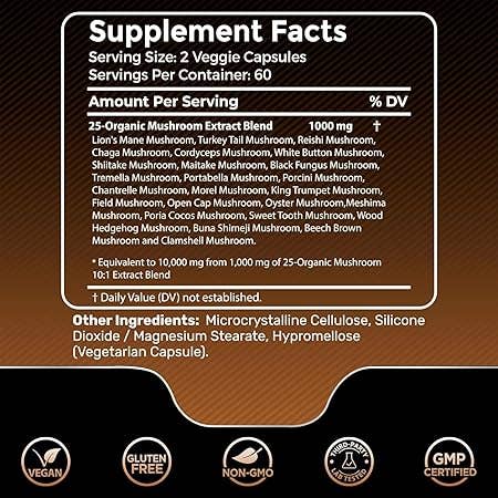 Organic 25-in-1 Mushroom Complex 10,000mg – Ultra Strength – 120 Capsules