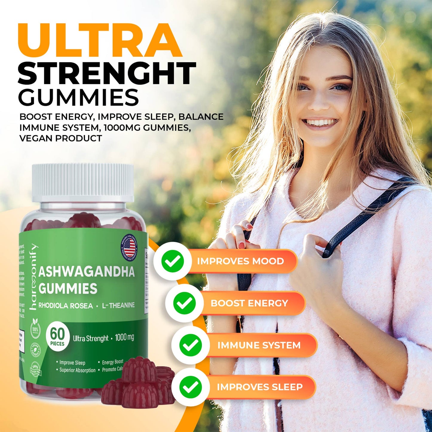 Ashwagandha Gummies with Mixed Rosea and L Theanine, 1000 mg
