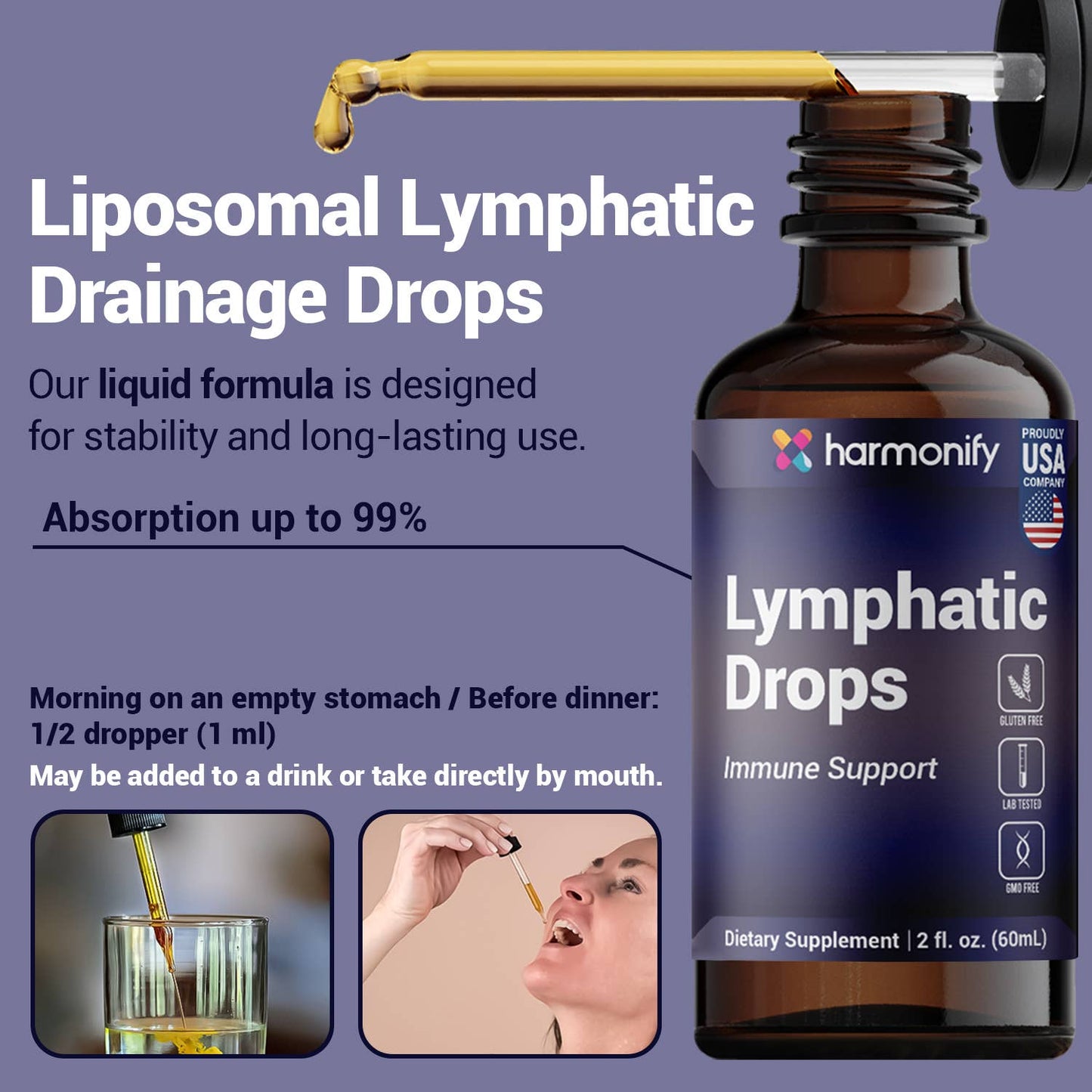 HARMONIFY Lymphatic Drainage Drops – Herbal Detox & Fluid Balance Support | Natural Blend with Elderberry, Burdock Root, Dandelion & Echinacea | Supports Immune & Circulatory Health | 2 fl oz (60 mL)