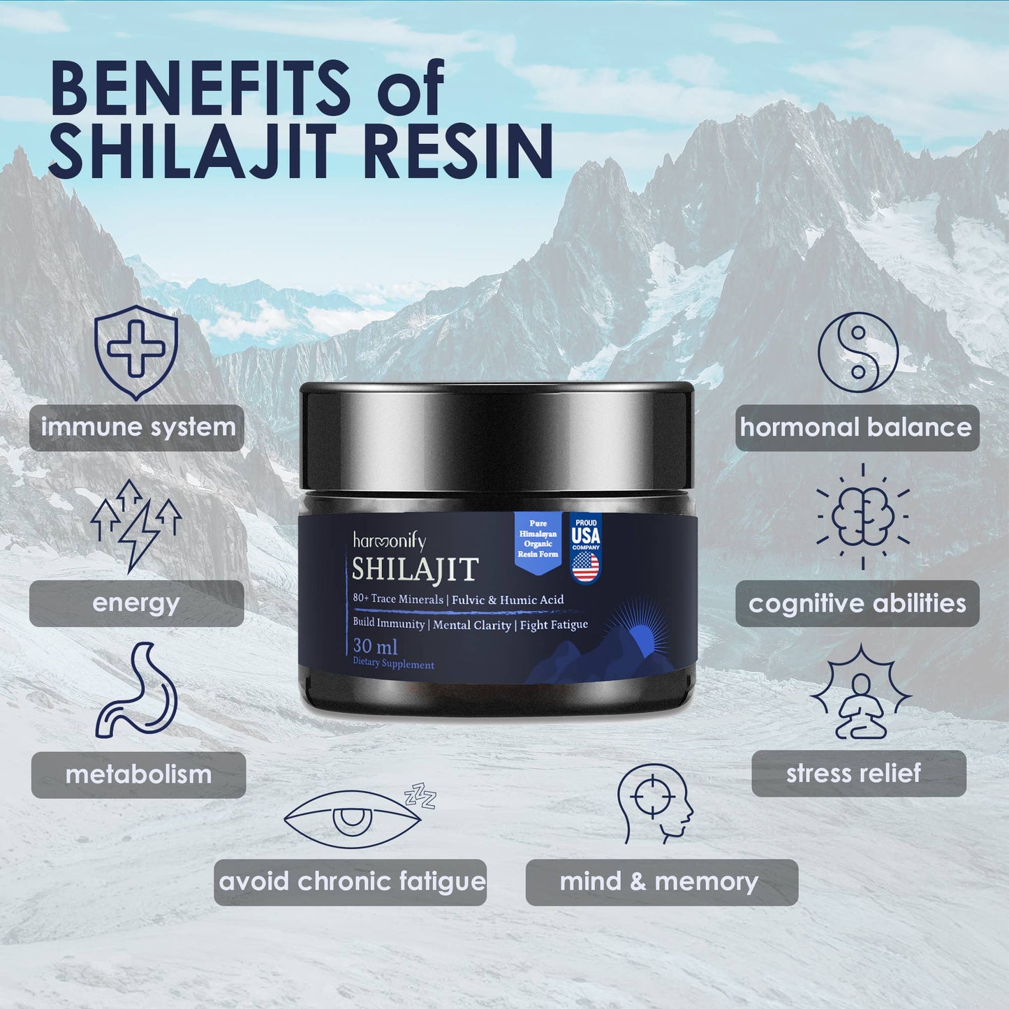 HARMONIFY Shilajit Resin, Pure Himalayan Shilajit Gold Grade 100% Pure Shilajit with Fulvic Acid & 80+ Trace Minerals Complex for Energy & Immune Support, 60 Day Servings