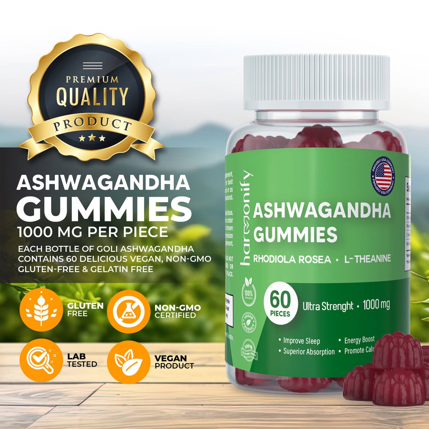 Ashwagandha Gummies with Mixed Rosea and L Theanine, 1000 mg