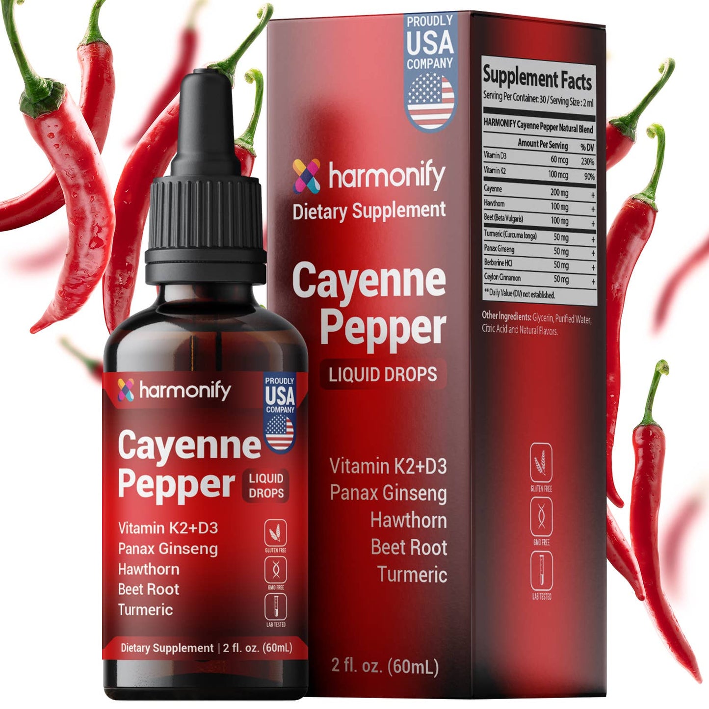 HARMONIFY Cayenne Pepper Liquid Drops with Vitamin D3 & K2, Hawthorn, Beet Root, Turmeric, Panax Ginseng, Berberine & Ceylon Cinnamon - Quality Supplement for Daily Wellness - 2 fl oz (60mL)