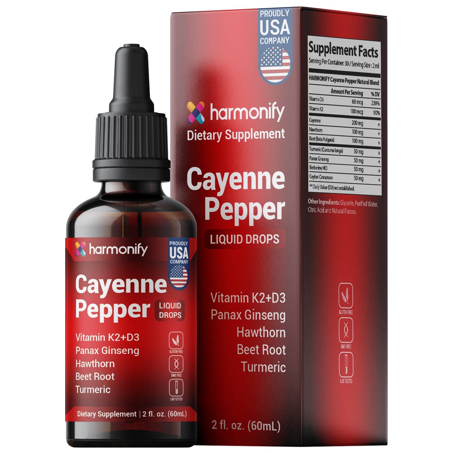 HARMONIFY Cayenne Pepper Liquid Drops with Vitamin D3 & K2, Hawthorn, Beet Root, Turmeric, Panax Ginseng, Berberine & Ceylon Cinnamon - Quality Supplement for Daily Wellness - 2 fl oz (60mL)