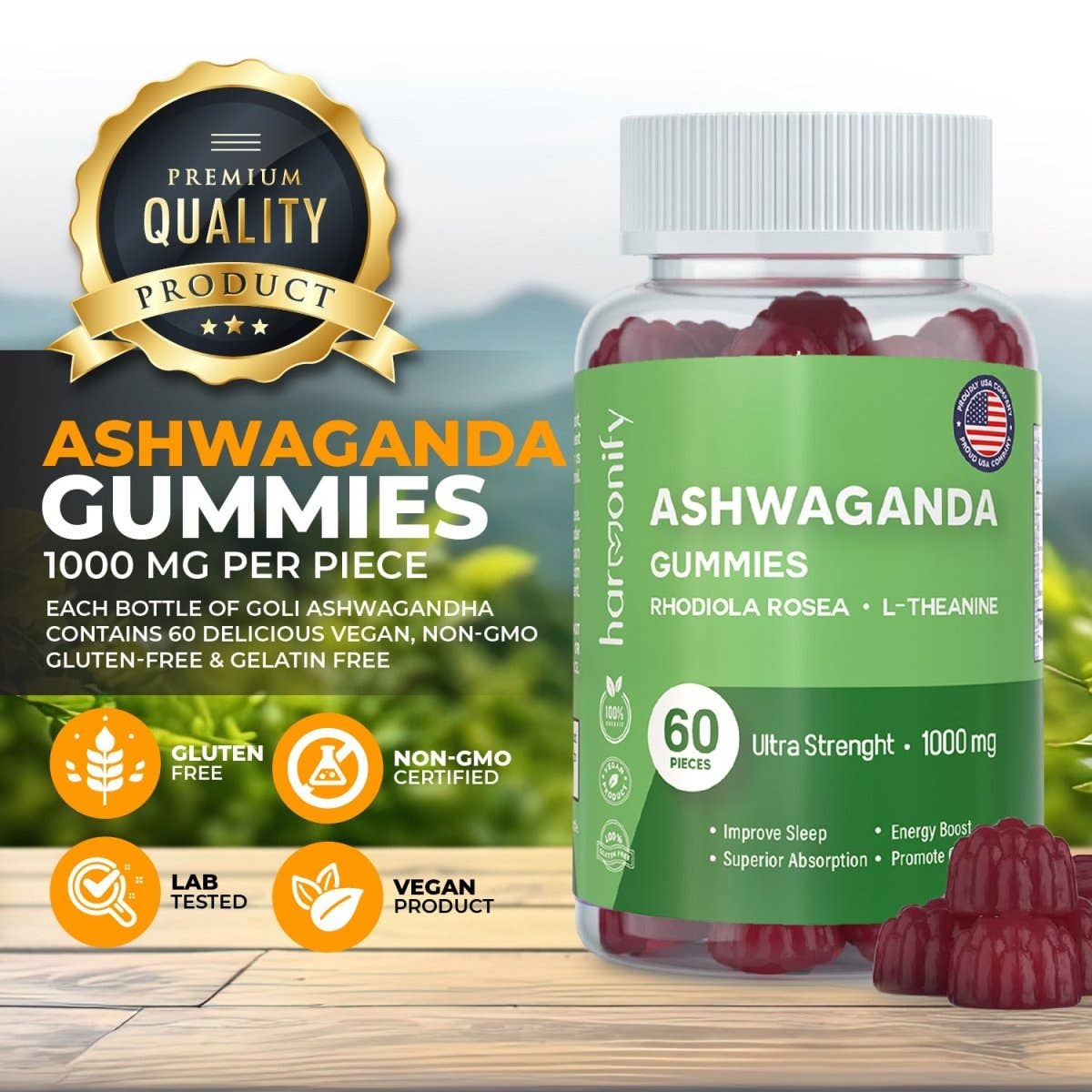 HARMONIFY Ashwagandha & KSM-66 Gummies with Mixed Rosea and L Theanine, 1000 mg