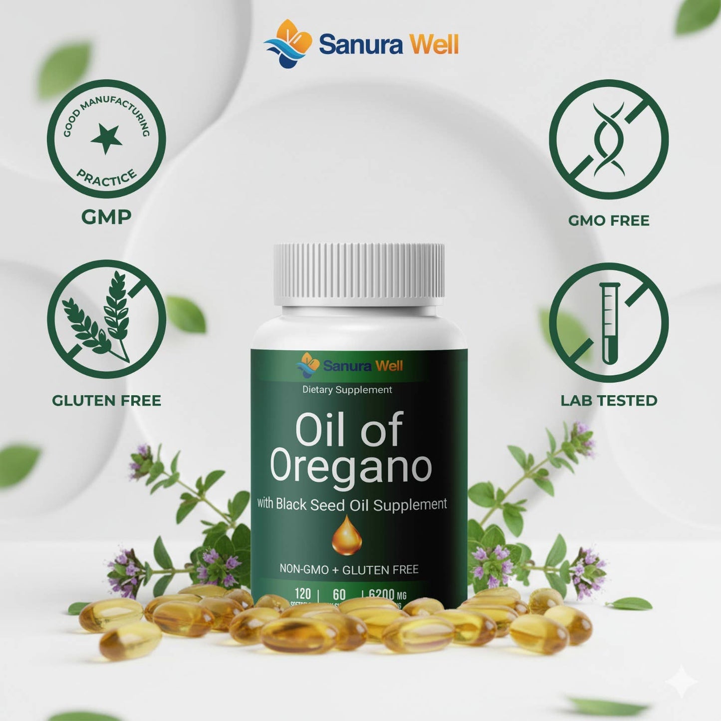 SANURA WELL Oregano Oil with Black Seed Oil Softgel 6200 mg