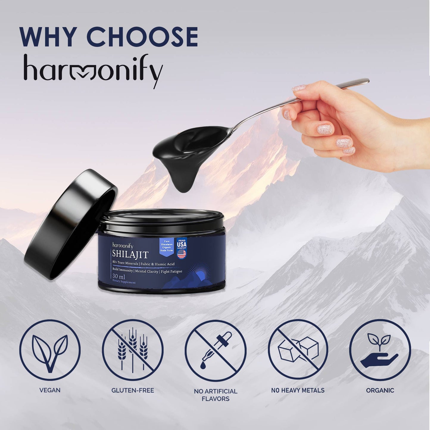 HARMONIFY Shilajit Resin, Pure Himalayan Shilajit Gold Grade 100% Pure Shilajit with Fulvic Acid & 80+ Trace Minerals Complex for Energy & Immune Support, 60 Day Servings