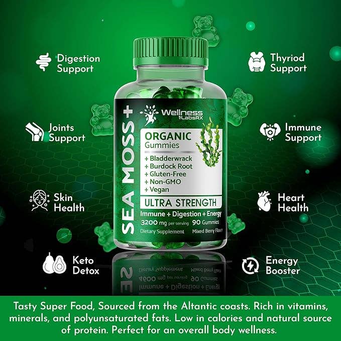 Sea Moss + Bladderwrack + Burdock Root 3200mg – Mixed Berry Flavor – 90 Gummies