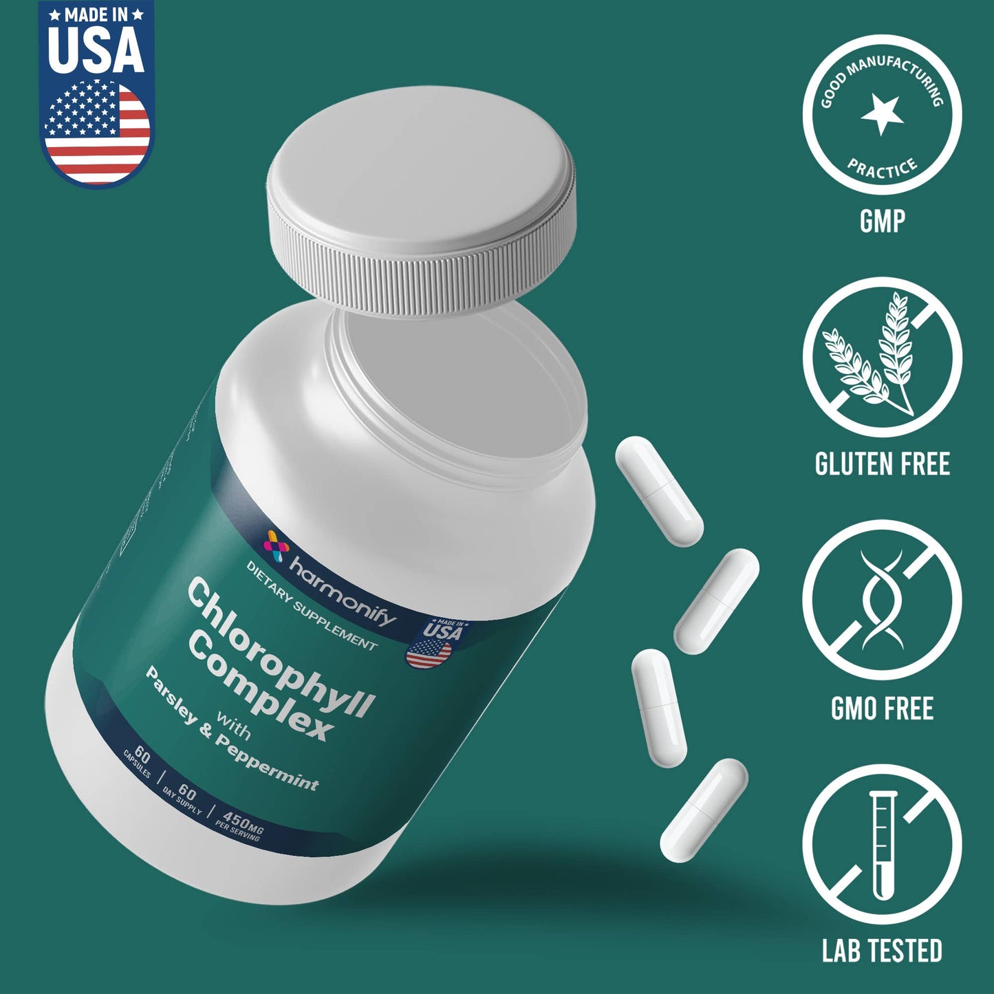 HARMONIFY Chlorophyll Capsules 450mg with Vitamin C 120 Caps