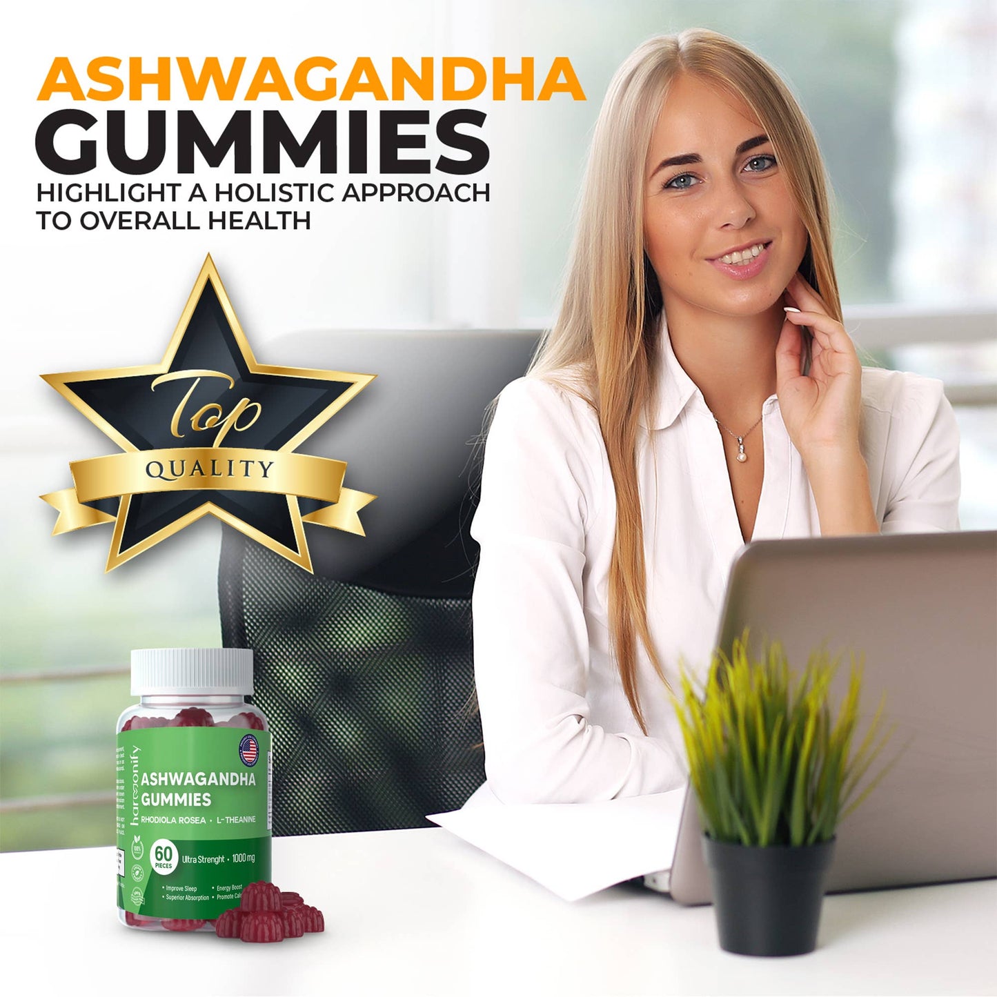 Ashwagandha Gummies with Mixed Rosea and L Theanine, 1000 mg