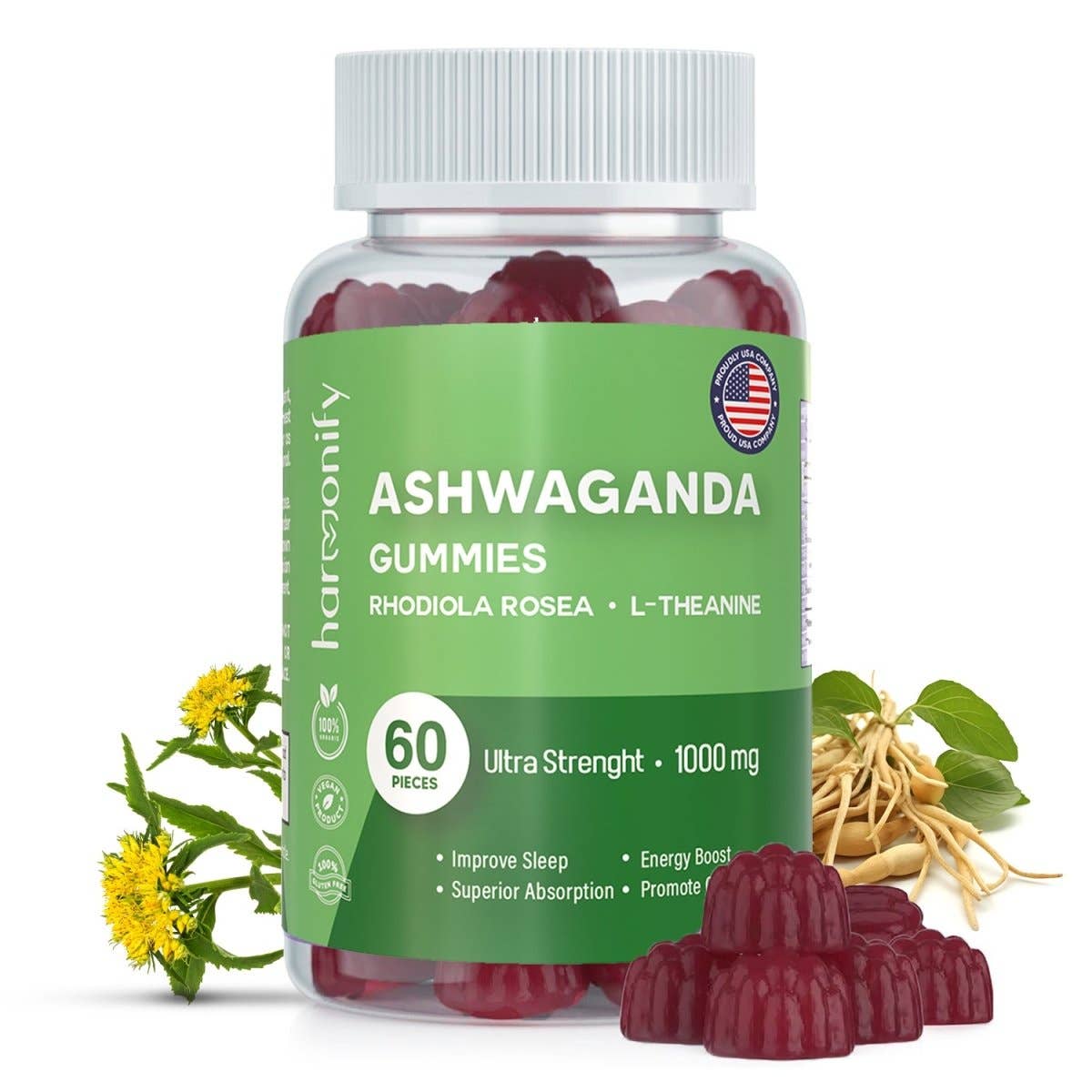 HARMONIFY Ashwagandha & KSM-66 Gummies with Mixed Rosea and L Theanine, 1000 mg