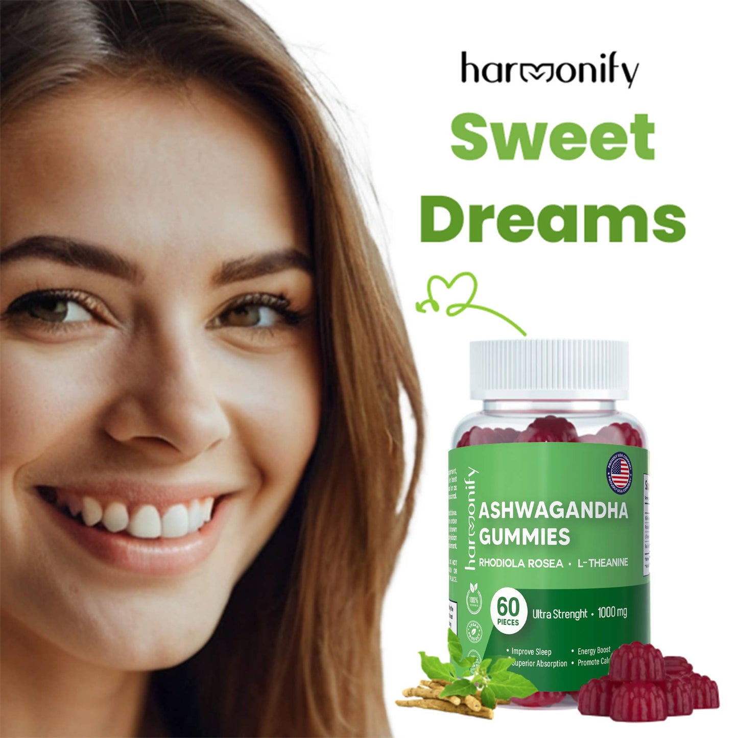 Ashwagandha Gummies with Mixed Rosea and L Theanine, 1000 mg