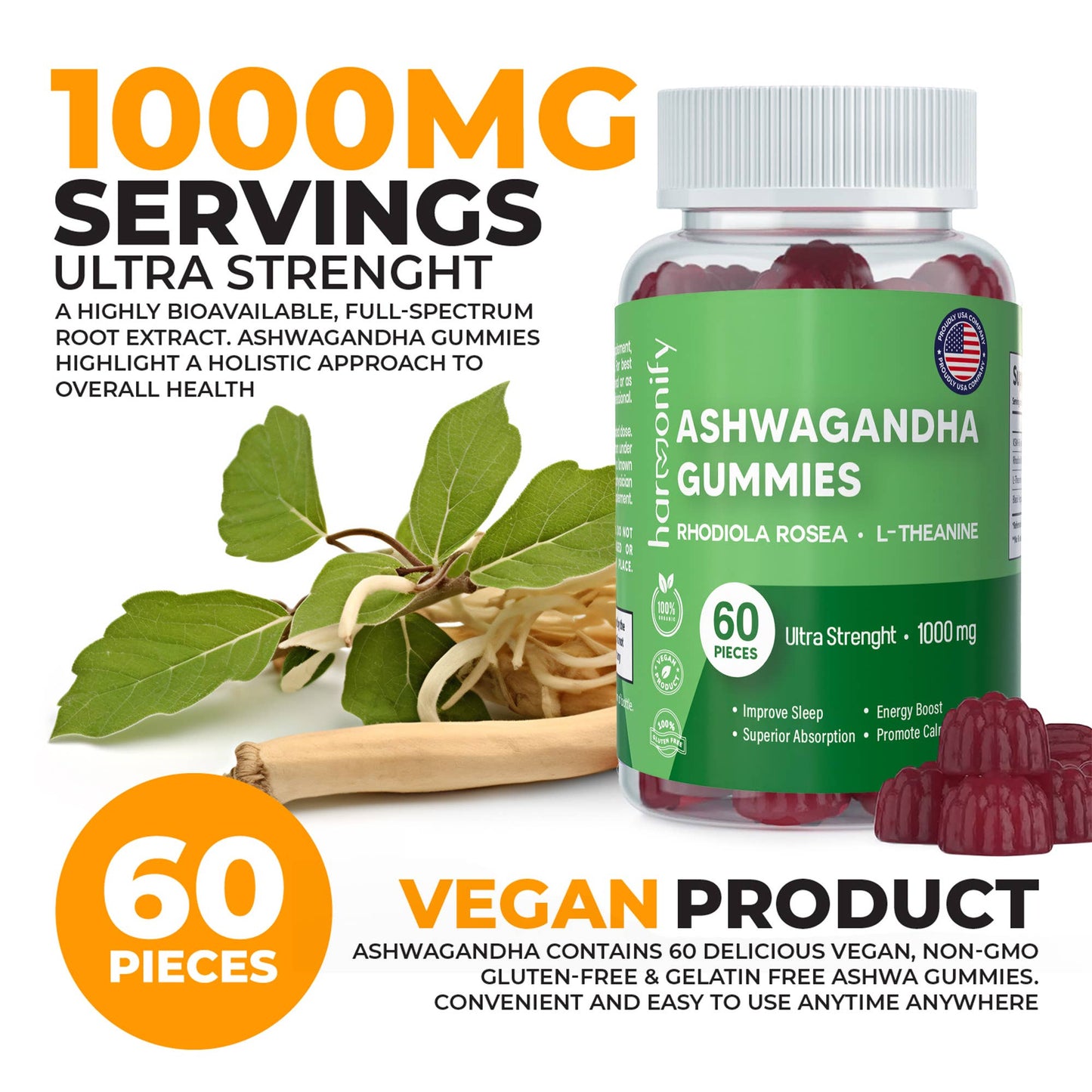 Ashwagandha Gummies with Mixed Rosea and L Theanine, 1000 mg