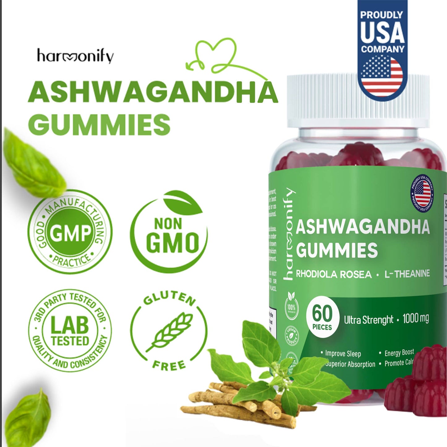 Ashwagandha Gummies with Mixed Rosea and L Theanine, 1000 mg